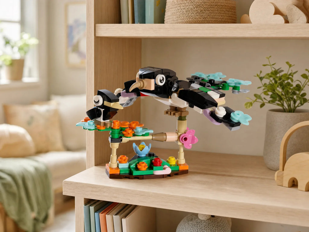 ZERIO Feather Friends madárfigura egy könyvesboltban